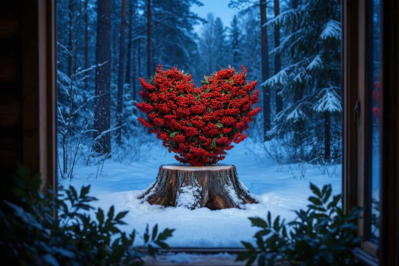 Door een houten raam met kamerplanten is een hart van rode bessen op een besneeuwde boomstronk in een winters bos te zien.