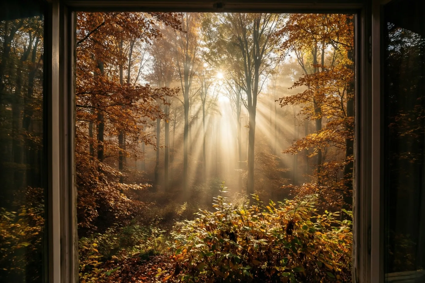 Vanuit een gebouw zijn door een raam zonnestralen te zien die de ochtendmist in een beukenbos met koperkleurig en goudgeel loof doorbreken.