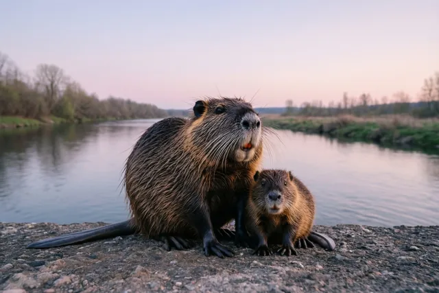 Een bever en zijn jong zitten bij valavond samen op een kiezelige rivieroever, met zachtroze en blauwe tinten in de lucht en het water.