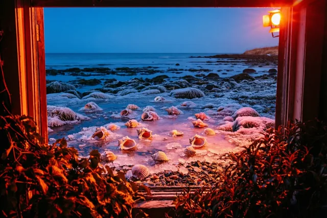 Door een raam is een bevroren getijdenpoel met schelpen in het ijs te zien bij schemering, met warm oranje lamplicht binnen en blauw water en zee buiten.