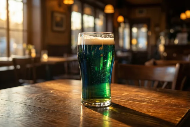 Een glas bier met een romige schuimkraag staat op een houten tafel in een warm verlicht bruin café, met blauwe en groene kleurschakeringen in het bier.