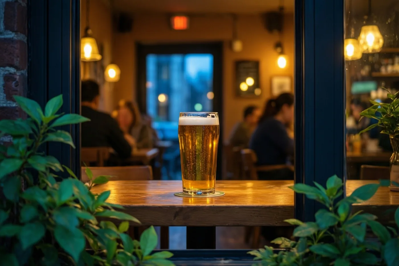 Een glas bier met een witte schuimkraag staat tussen groene planten op een houten tafel, met een warm verlicht bruin café en onscherpe bezoekers op de achtergrond.