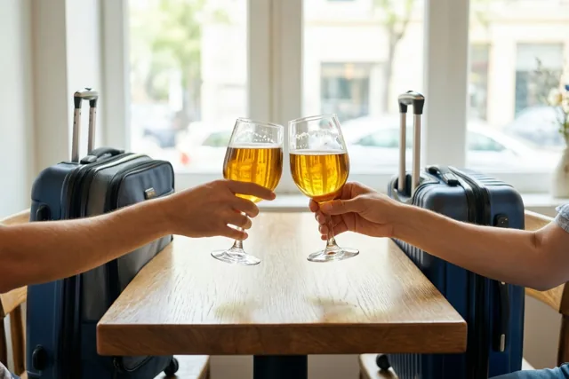 Twee handen klinken met bierglazen aan een houten tafel bij een raam, met twee blauwe koffers ernaast en helder daglicht buiten.