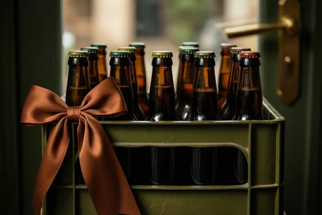 Een groene krat met bruine bierflesjes zonder etiket en een grote bruine satijnen strik staat bij een donkergroene deur met een messing klink.