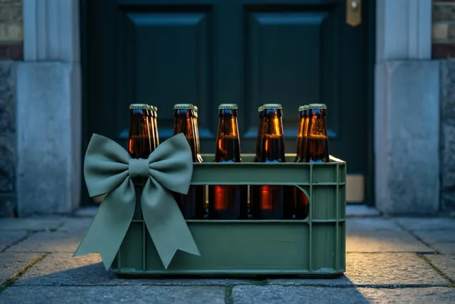 Een groene plastic krat bruine bierflesjes zonder etiket met een grote saliegroene strik staat op stenen bestrating voor een donkere deur in laag, warm zonlicht.