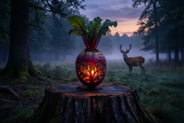 Een brandende uitgesneden bietenlantaarn staat op een bemoste boomstronk op een mistige open plek in het bos bij schemering, met een hert op de achtergrond in paarse, groene en oranje tinten.