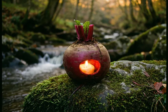 Een uitgeholde rode biet met een brandende kaars staat op een bemoste steen naast een stromende beek in een bos, waar goudkleurig avondlicht door de bomen valt.