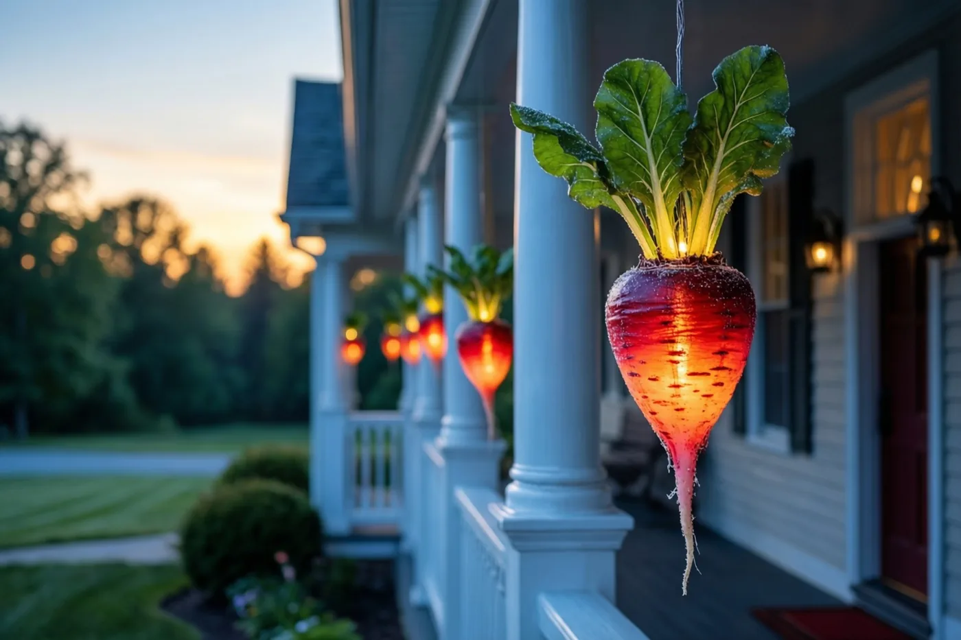 Lichtgevende suikerbietlantaarns hangen aan de zuilen van een overdekte ingang met witte bouwelementen, met warm oranje en rood licht tegen een blauwe schemerhemel.