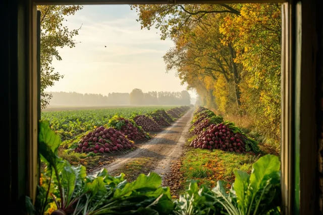 Door een raam is een onverharde polderweg te zien met hopen suikerbieten en bomen met gele herfstbladeren, in warm gouden licht onder een bleke hemel met een mistige horizon.
