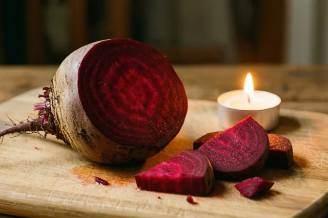 Een gehalveerde rode biet met schijfjes ligt op een houten snijplank naast een brandend theelichtje in warm licht.