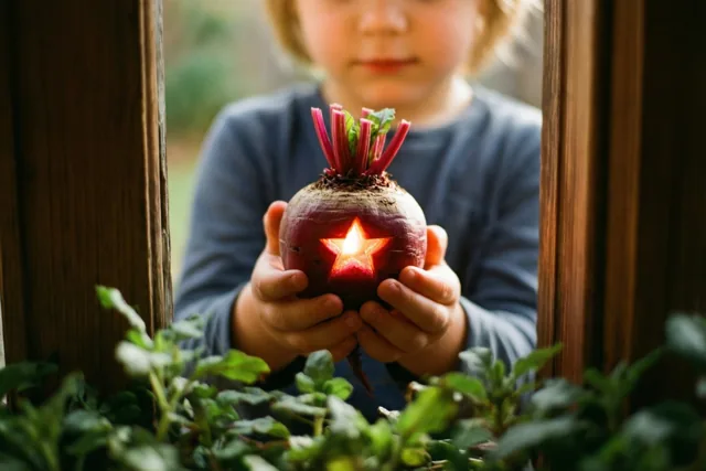 Een kind houdt een vanbinnen verlichte rode biet met een stervormige opening vast tussen houten raamstijlen, met groen gebladerte op de voorgrond.
