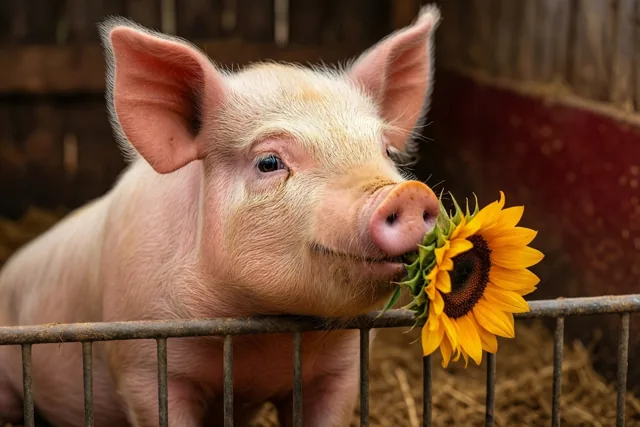 Een roze biggetje reikt met zijn snuit een zonnebloem over het metalen hek van zijn hok in een landelijke boerderijomgeving met warme tinten.
