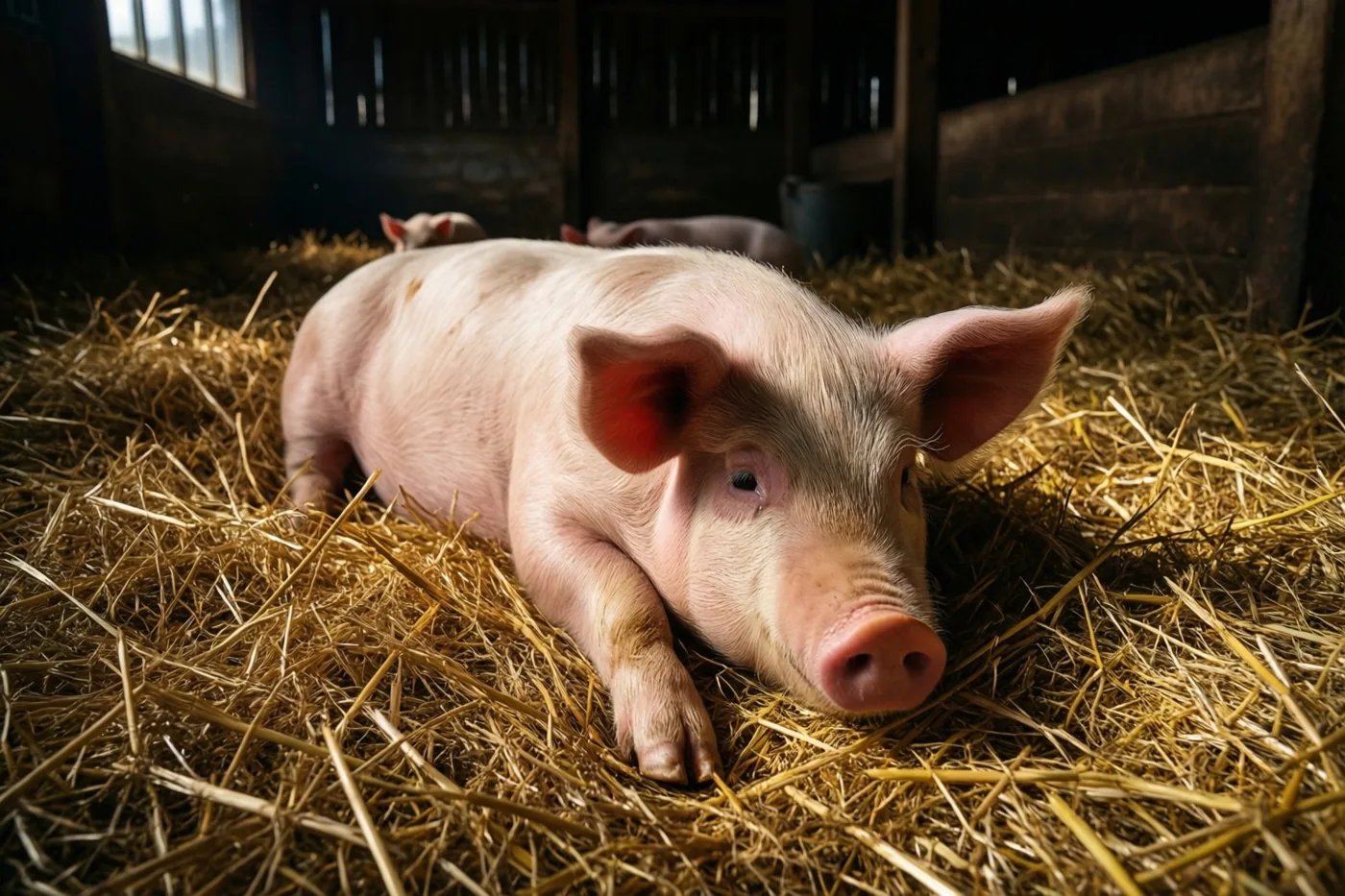 Een roze biggetje met hangoren ligt in goudgeel stro in een schuur, verlicht door zonlicht dat door een raam valt.