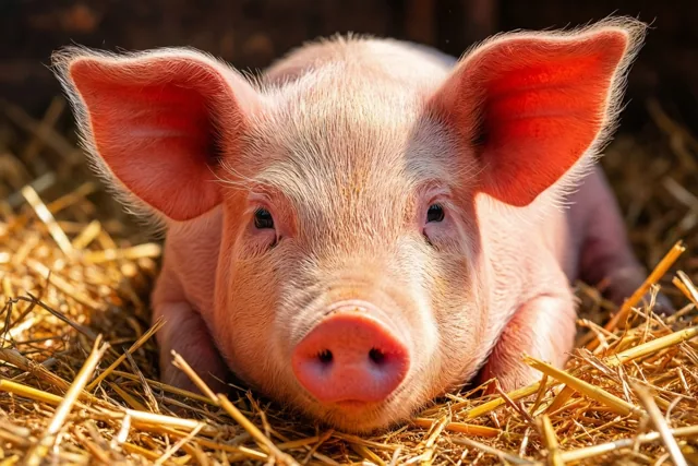 Een roze biggetje met grote hangoren ligt in goudgeel stro in een zonnige schuur en kijkt recht naar de camera.