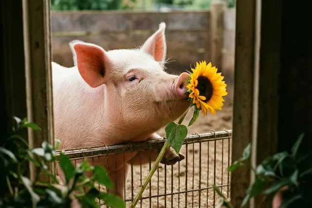 Een roze biggetje houdt buiten een zonnebloem in zijn snuit en reikt die over de draadafsluiting van zijn hok, met groen op de achtergrond.