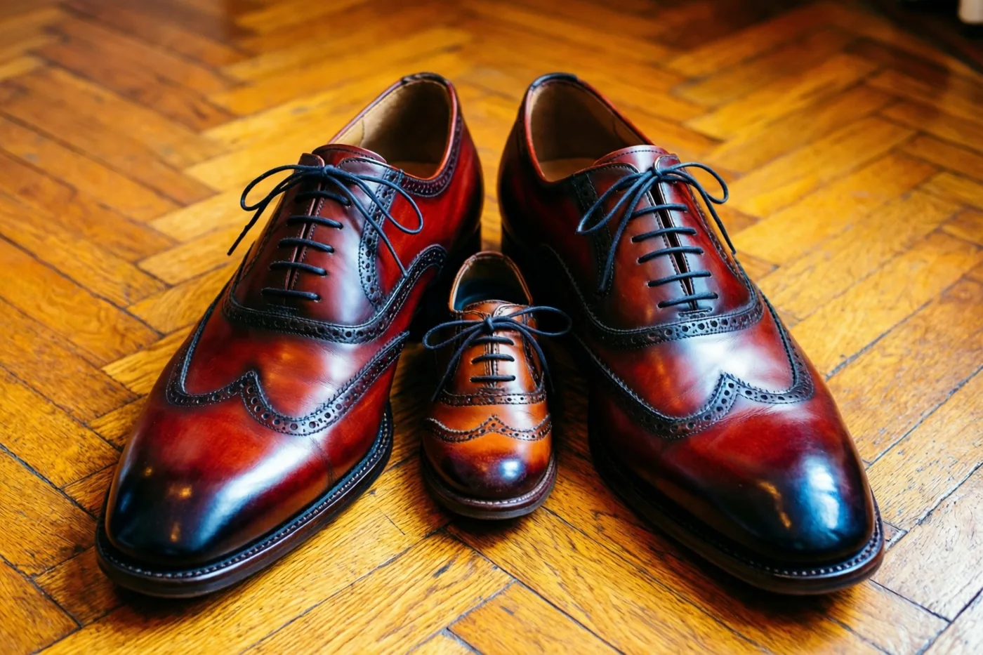 Een groot paar gepoetste roodbruine brogues en een kleiner paar bijpassende schoenen staan naast elkaar op een warme houten parketvloer.