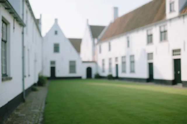 Witgekalkte Vlaamse huizen staan rond een groen gazon op een binnenhof in zacht daglicht.