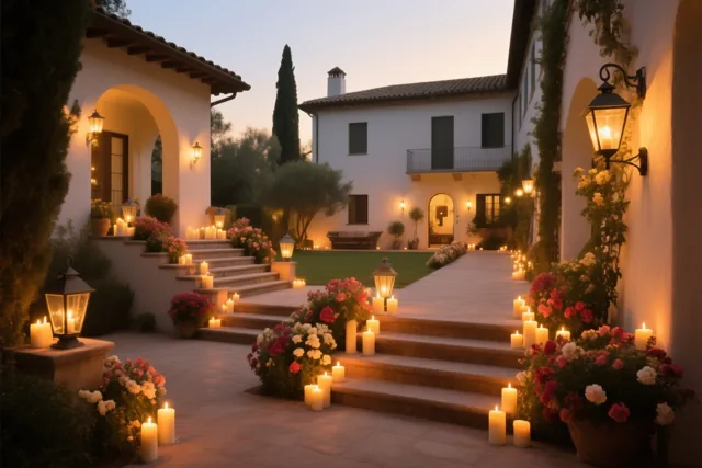 Een binnenplaats bij een villa in mediterrane stijl heeft stenen treden met bloemen, kaarsen en lantaarns die in de schemering een warme gouden gloed verspreiden.