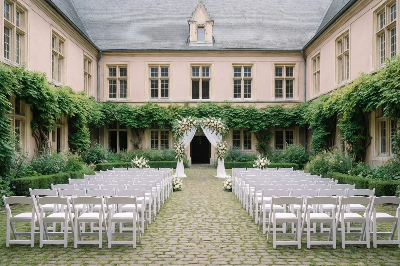 Witte stoelen staan klaar voor een huwelijksceremonie op een binnenplaats met een roze gebouw, muren met klimop, een kasseipad en witte bloemstukken bij de ingang.