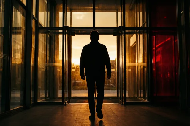Een persoon loopt met de rug naar de kijker door een glazen deuropening een modern gebouw binnen, met warm goudkleurig licht van buiten.