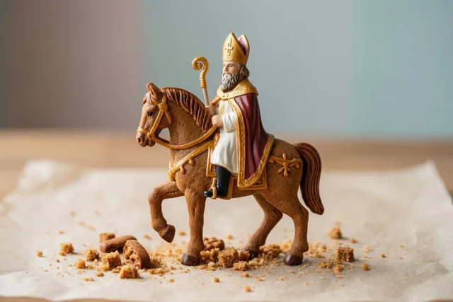 Een beeldje van een bisschop te paard dat op speculaas lijkt, staat tussen kruimels op bakpapier tegen een zacht onscherpe achtergrond in warme, gedempte tinten.