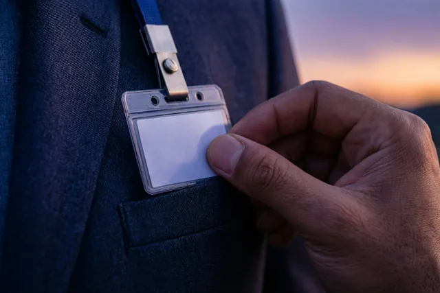 Een hand speldt een blanco naambadge op een donkerblauwe jas, met een paars-oranje zonsondergang op de achtergrond.