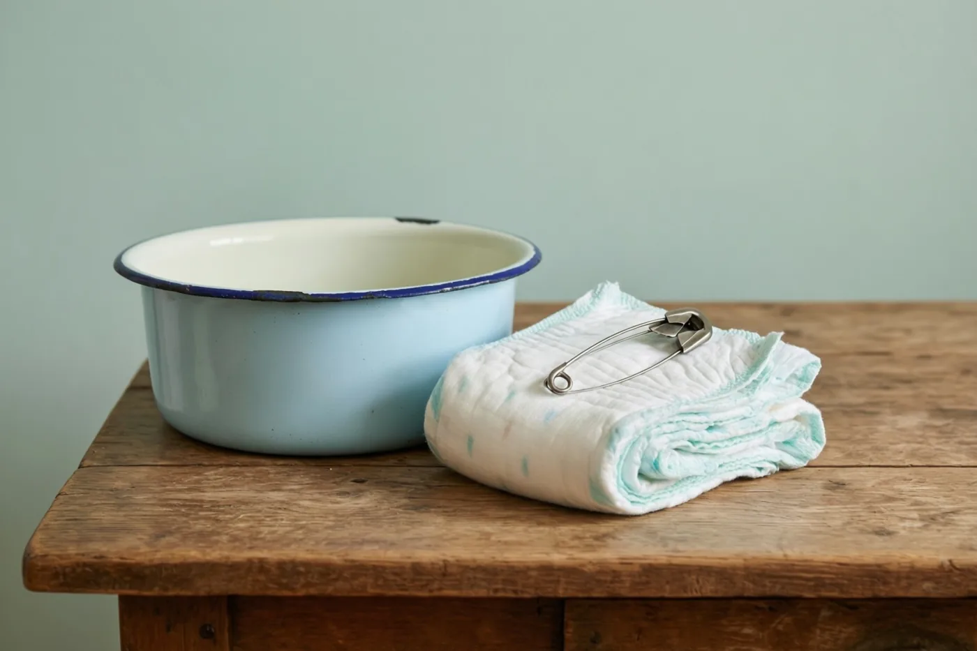 Een lichtblauw geëmailleerd babybadje en een opgevouwen witte katoenen luier met een grote veiligheidsspeld staan op een rustieke houten tafel tegen een lichtgroene muur.