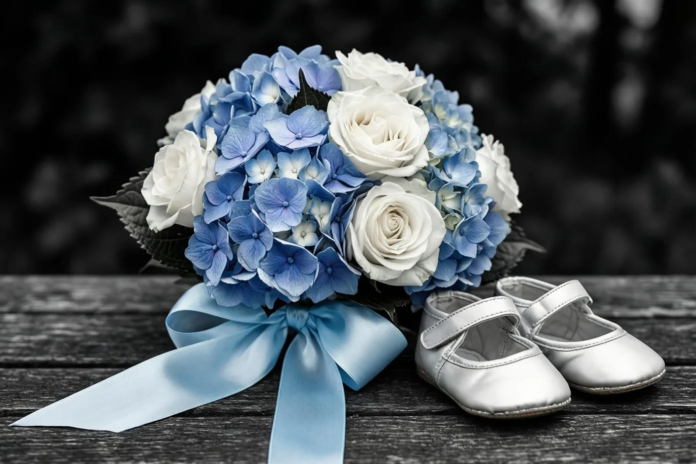Een boeket blauwe hortensia's en witte rozen met een lichtblauw lint staat naast witte babyschoentjes op donker hout, tegen een onscherpe zwart-witachtergrond.