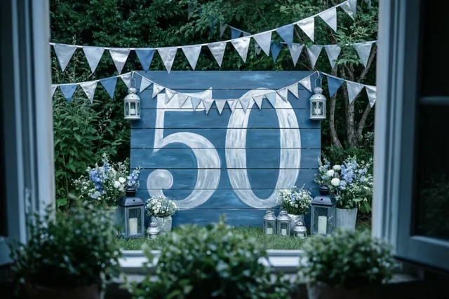 Door een raam is een groot blauw houten bord met 50 in witte verf te zien in een tuin met zilveren vlaggetjes, lantaarns en blauwe en witte bloemen.