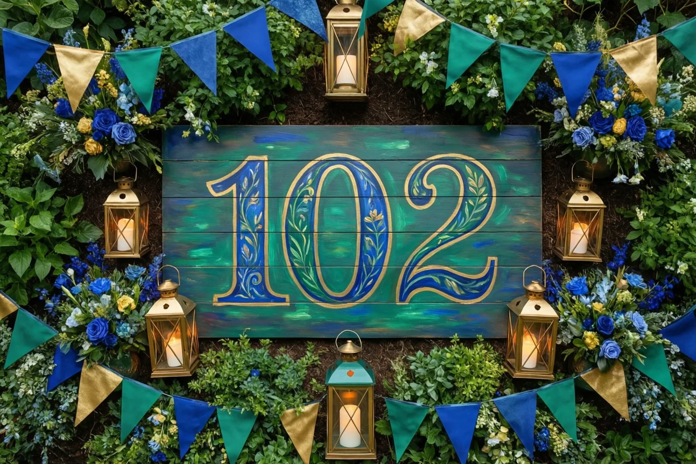 Een houten bord met 102 in blauw en goud staat in een tuin tussen groen, blauwe en gouden vlaggetjes en brandende lantaarns.