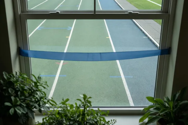 Een blauw lint is voor het uitzicht op een groene en blauwe atletiekbaan gespannen, omlijst door een raam met planten.