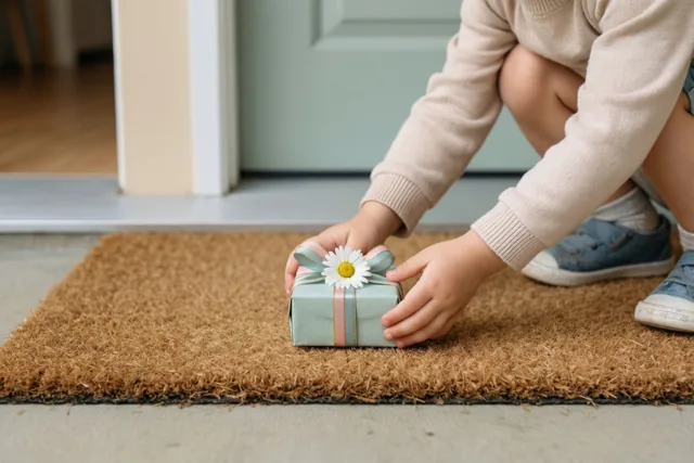 Kinderhanden zetten een klein cadeau in lichtblauw papier met een lint en een madeliefje op een bruine deurmat voor een lichtgroene deur.