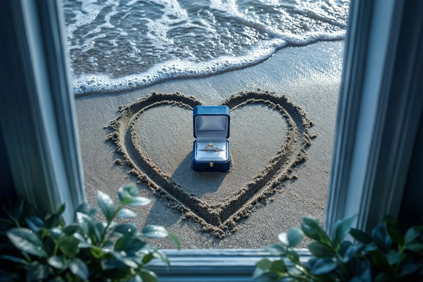 Door een raam met groene planten op de voorgrond is een hart in het natte strandzand te zien, met daarin een open blauw ringdoosje in koele blauwe en grijze tinten.