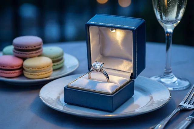 Een open blauw ringdoosje met een diamanten ring staat op een wit bord naast een bord macarons in pasteltinten en een glas champagne op een blauw tafellaken.