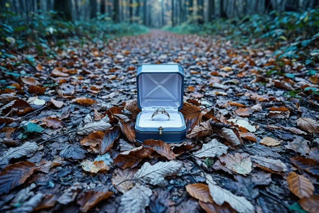 Een open blauw ringdoosje met een ring ligt op een bospad vol gevallen herfstbladeren in gedempte aardetinten.