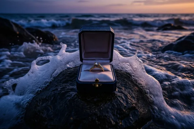 Een open donkerblauw ringdoosje met een gouden ring staat op een natte rots tussen golven en wit schuim, onder een paarse en oranje avondlucht.