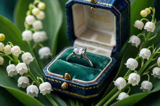 Een open blauwfluwelen doosje met een ring met één diamant ligt op groene bladeren en witte meiklokjes in zacht natuurlijk licht.