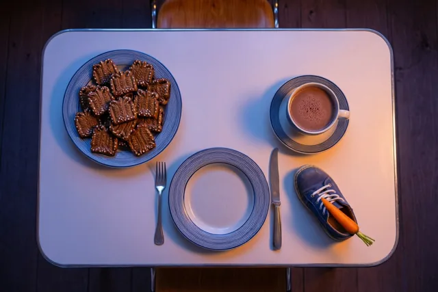 Van bovenaf is een keukentafel in jarenzestigstijl te zien met speculaas, een kop chocolademelk, een blauwe kinderschoen met een wortel en een mes en vork.