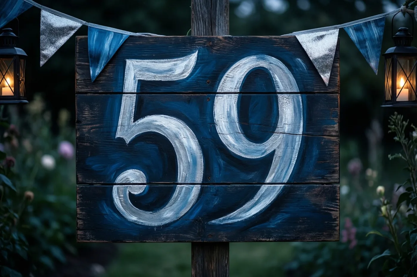 Een donkerblauw houten bord met 59 in het wit staat in een tuin bij schemering, tussen vlaggetjes en brandende lantaarns.
