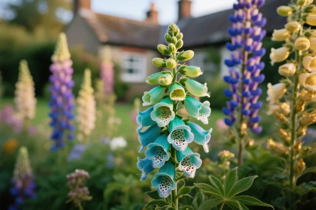 Een hoge blauwe vingerhoedskruidplant met gevlekte bloemen staat tussen paarse en gele lupinen, met een onscherp huisje met bruin dak en groen erachter.