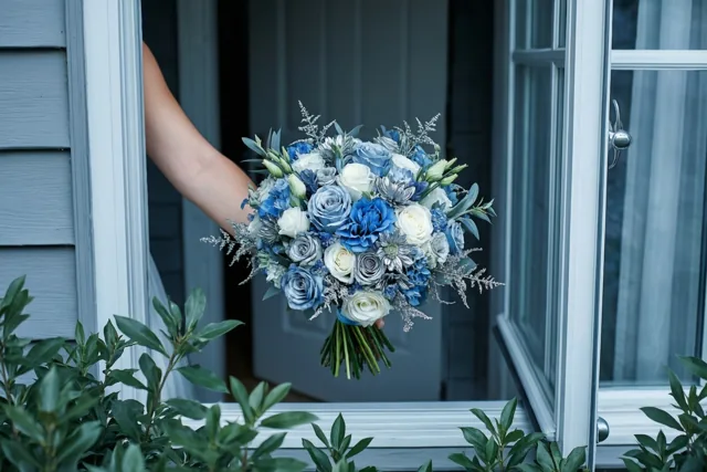 Een hand steekt een blauw-wit boeket van achter een open deur naar buiten, bij een lichtblauwe gevel met groen op de voorgrond.