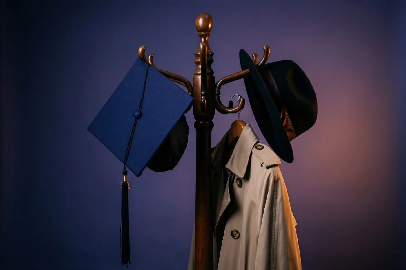 Een blauwe afstudeerhoed hangt aan een houten kapstok naast een beige trenchcoat en een zwarte vilten hoed, in warm licht tegen een donkerpaars verlopende achtergrond.