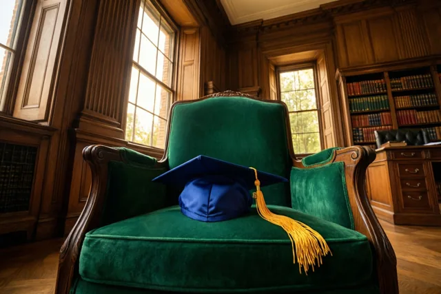 Een blauwe afstudeerhoed met een gouden kwast ligt op de zitting van een groene fluwelen fauteuil in een elegante studeerkamer met houten wandbekleding, grote ramen en boekenkasten.