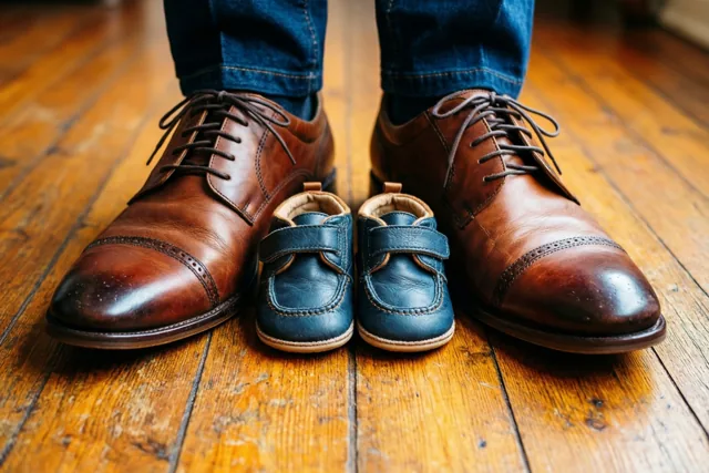 Kleine blauwe babyschoentjes staan tussen grote bruine leren herenschoenen op een houten vloer.