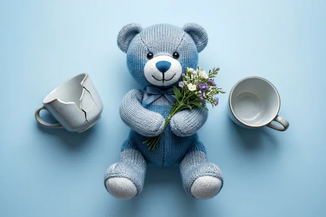 Een blauwe gebreide teddybeer zit met een klein boeketje tussen twee mokken op een lichtblauwe ondergrond, waarvan één mok gebroken is.