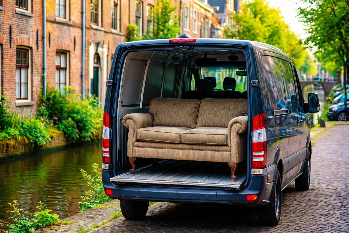 Een donkerblauwe bestelwagen met open achterdeuren en een beige stoffen zetel op het laadplatform staat op kasseien naast een kanaal, oude bakstenen gebouwen en weelderig groen.