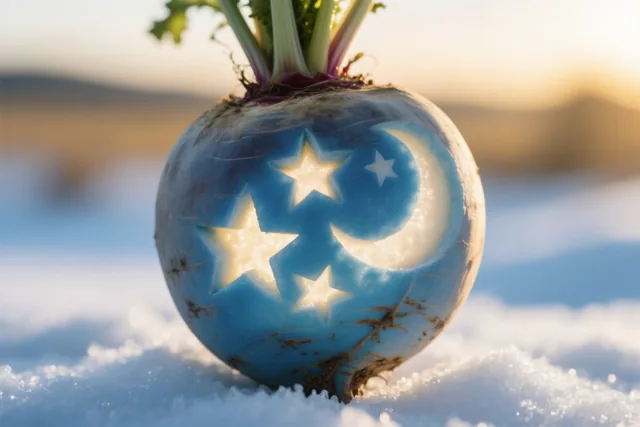 Een blauwe suikerbiet met uitgesneden sterren en een maansikkel staat in de sneeuw onder warm zonlicht.