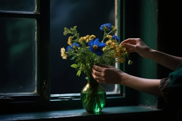 Twee handen schikken blauwe en gele bloemen in een groene glazen vaas op een vensterbank bij een donker raamkozijn in diepe groene en blauwe tinten.
