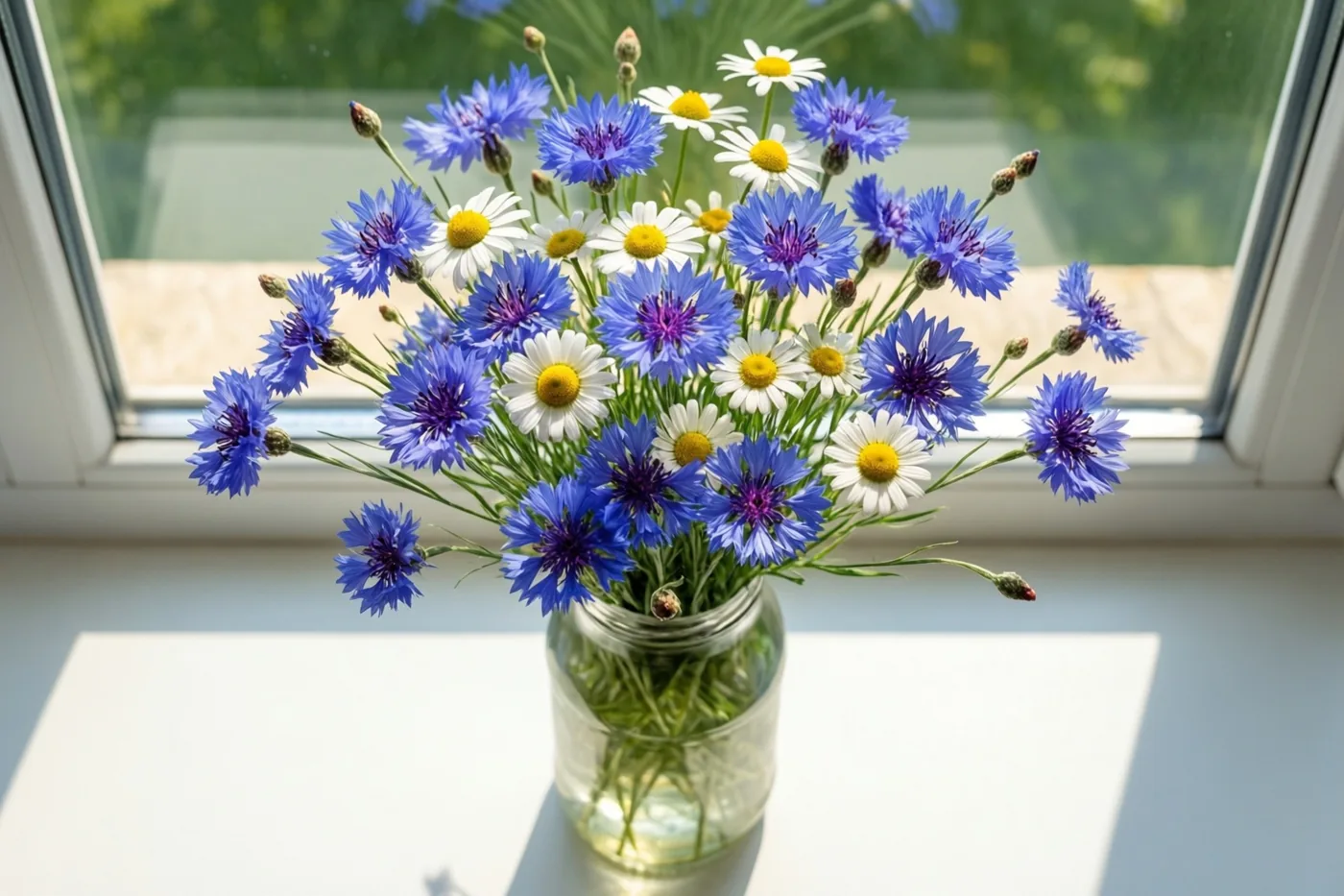 Een glazen pot met blauwe korenbloemen en witte margrieten staat op een witte vensterbank in de zon, met groene bladeren buiten het raam.