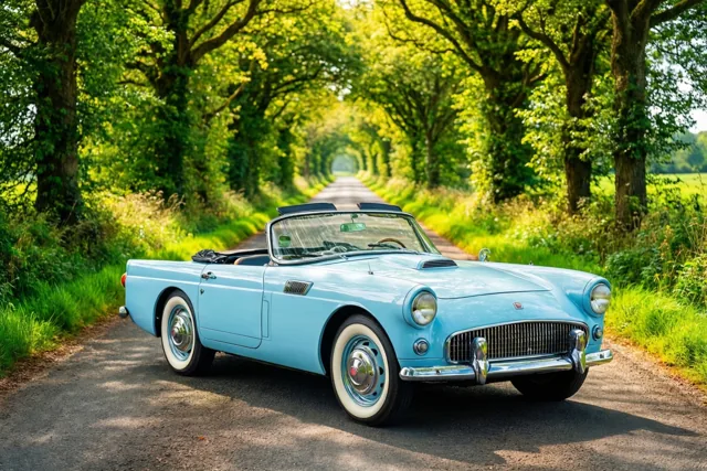 Een pastelblauwe klassieke cabrio met banden met witte zijwanden staat op een landweg tussen groene bomen, met zonnevlekken op de weg.